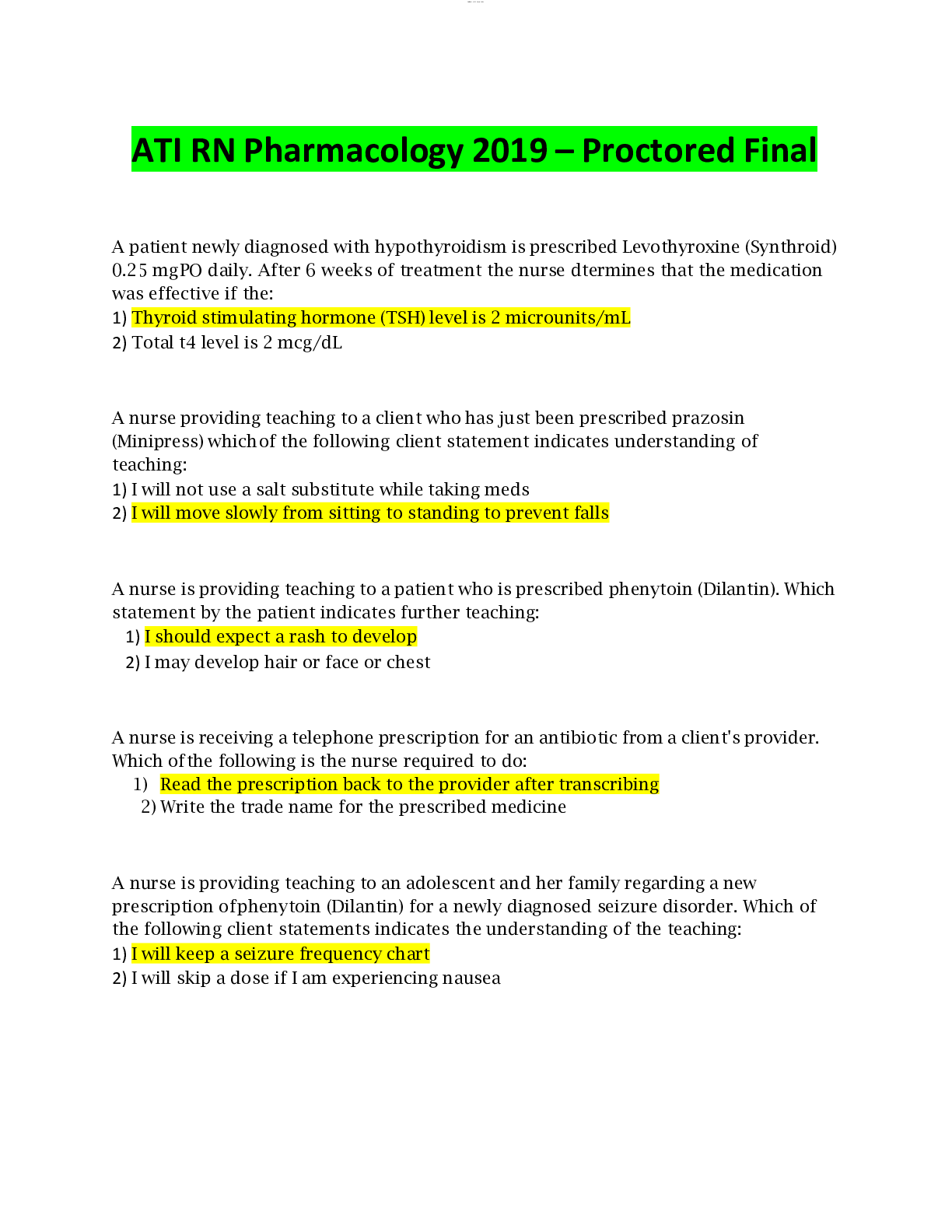 Preview image for ATI RN Pharmacology 2019 – Proctored Final